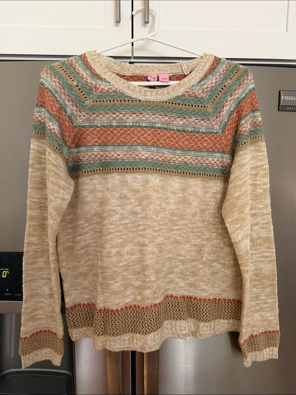 love on a hanger Beige Crewneck Sweater with Green and Rust Stripes